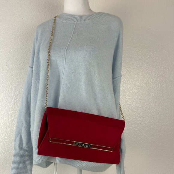 Guess Velvet Chain Strap Clutch Red Evening Party Purse - Picture 1 of 10